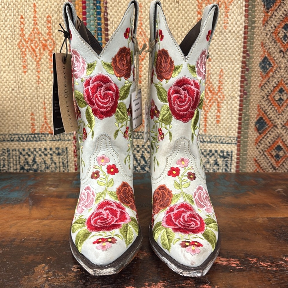 One of a kind Liberty Black Ginebra gray floral embroidered boots. New with tags - Picture 3 of 8